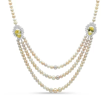 18K WHITE GOLD DIAMOND NECKLACE WITH YELLOW STONE AND PEARLS