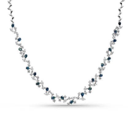 18K WHITE GOLD DIAMOND NECKLACE WITH BLUE SAPPHIRE STONES