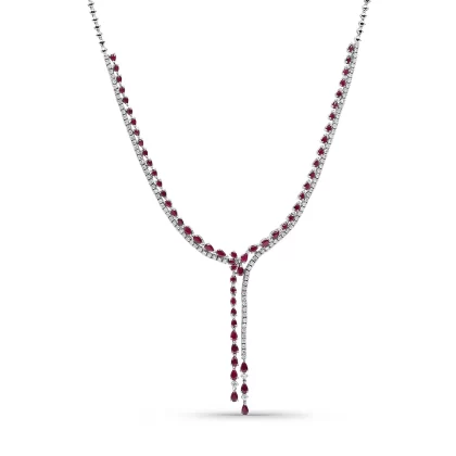 18K WHITE GOLD DIAMOND NECKLACE WITH RUBY STONES