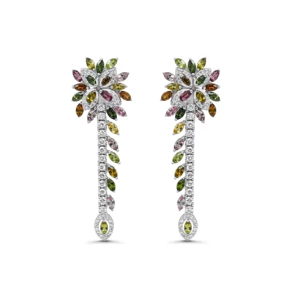 18K WHITE GOLD DIAMOND EARRINGS WITH TORMALINE STONES