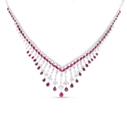 18K WHITE GOLD DIAMOND NECKLACE WITH RUBY STONE